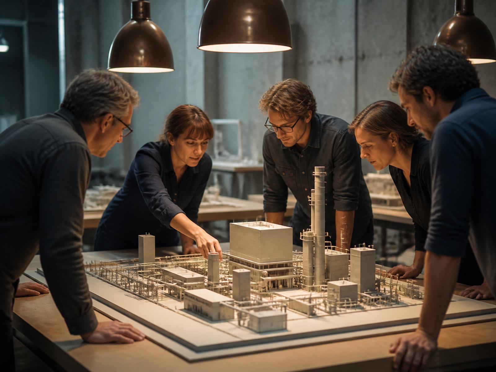 Engineering consultancy team reviewing an architectural model