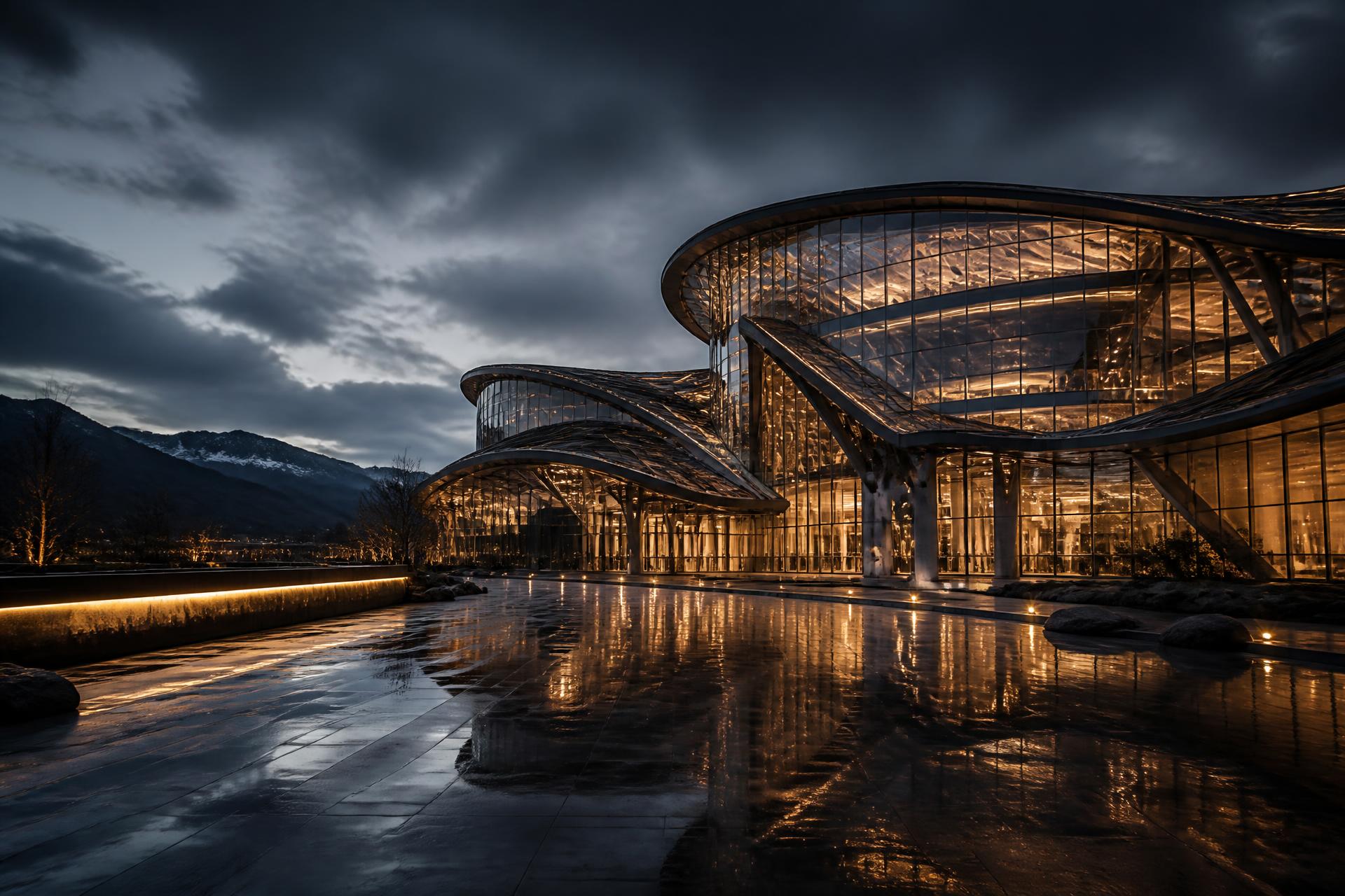 Monumental engineering complex at dusk
